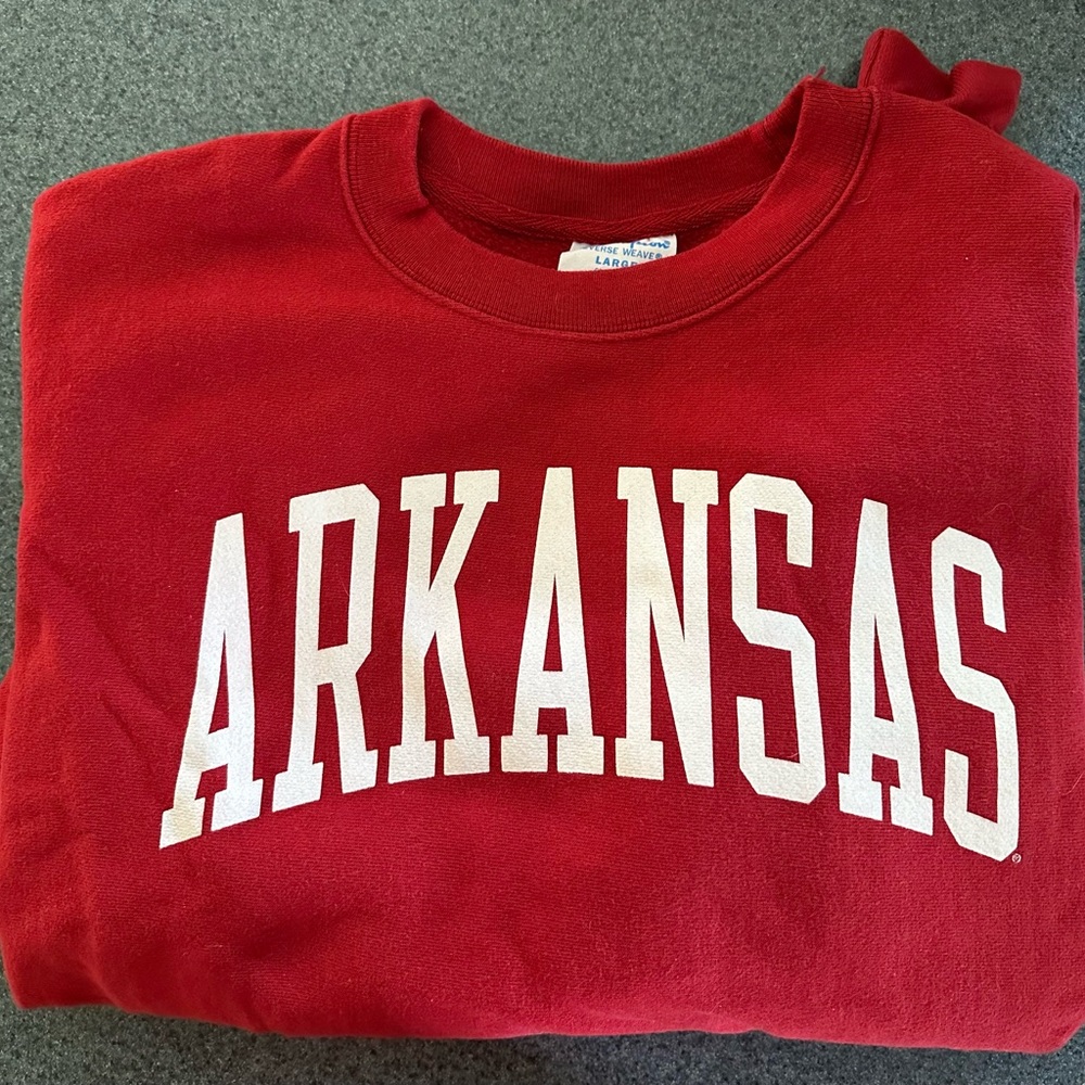 Two Arkansas Razorbacks Champion Reverse Weave sweatshirts